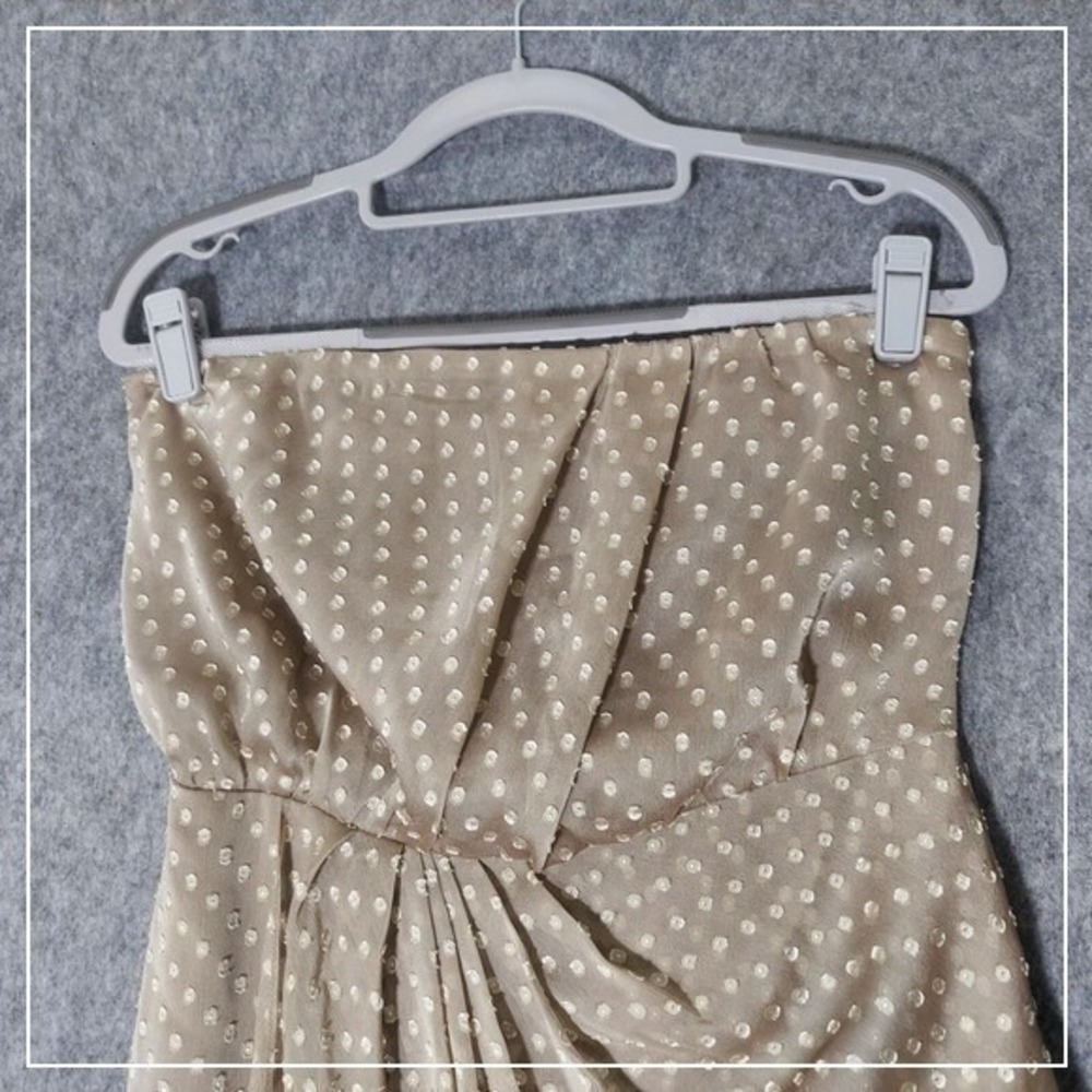 Express Dress 10 Champagne Strapless Swiss Dot Chiffon Ruched Cocktail Romantic - Picture 2 of 10